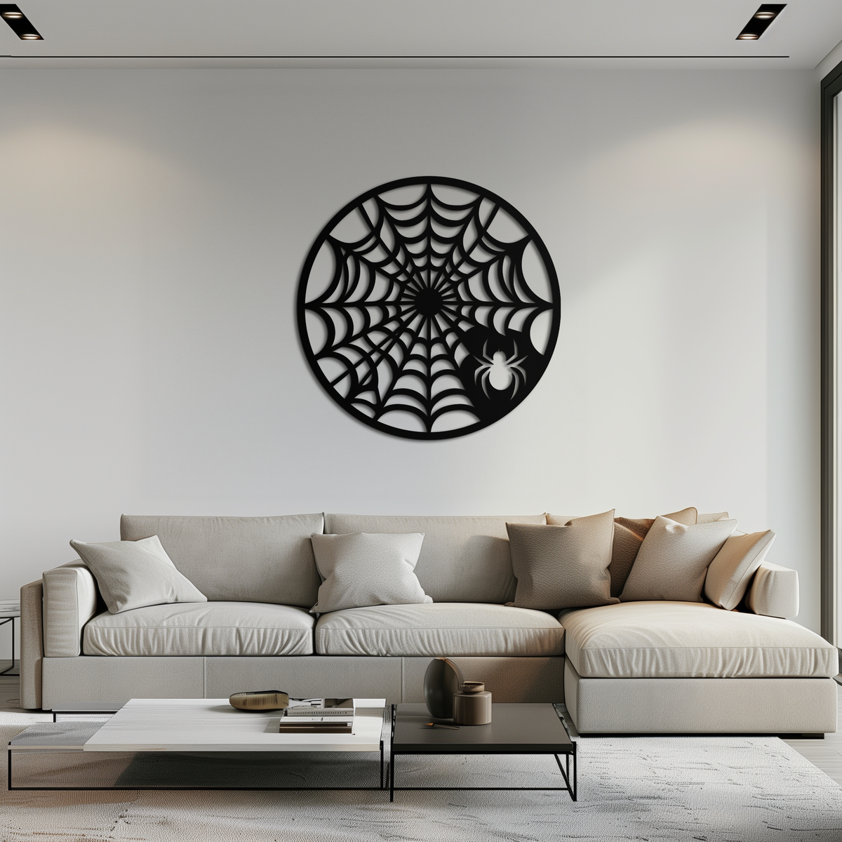 Black Metal Round Spider Web Wall Art Piece - Laser Cut Halloween Spider Decoration