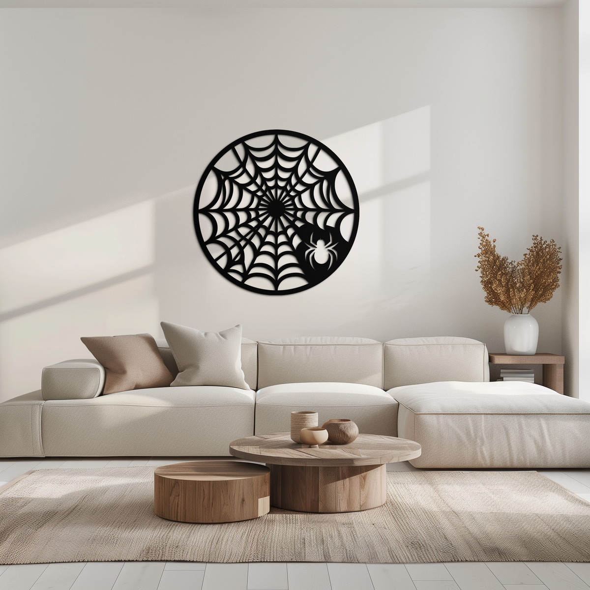 Black Metal Round Spider Web Wall Art Piece - Laser Cut Halloween Spider Decoration