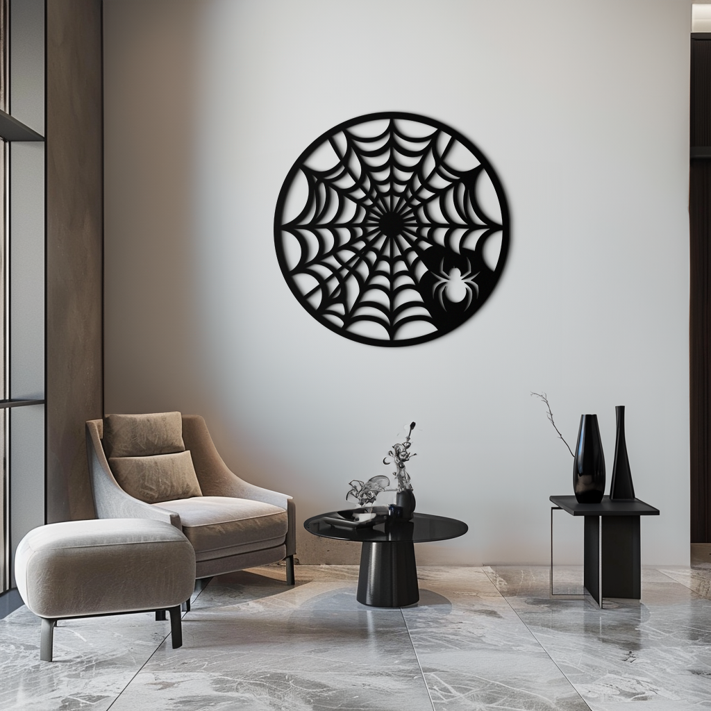 Black Metal Round Spider Web Wall Art Piece - Laser Cut Halloween Spider Decoration