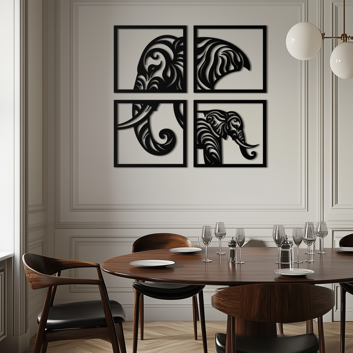 Metal Wall Art Elephant Silhouette 4-Piece Tribal Matte Black