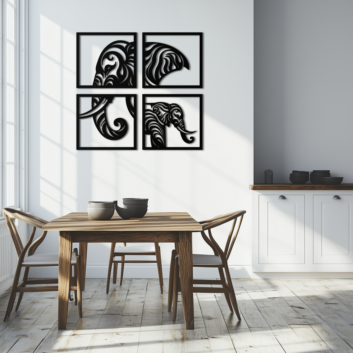 Metal Wall Art Elephant Silhouette 4-Piece Tribal Matte Black