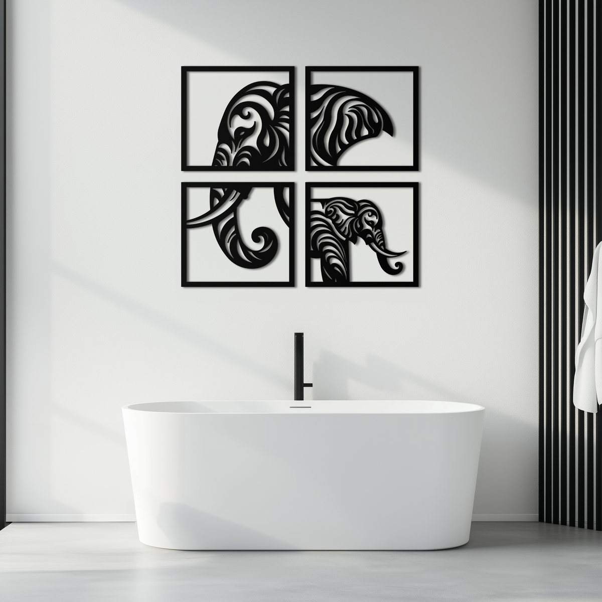 Metal Wall Art Elephant Silhouette 4-Piece Tribal Matte Black