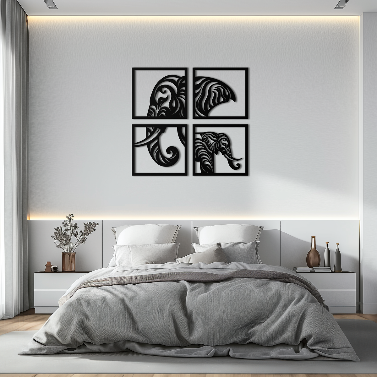 Metal Wall Art Elephant Silhouette 4-Piece Tribal Matte Black