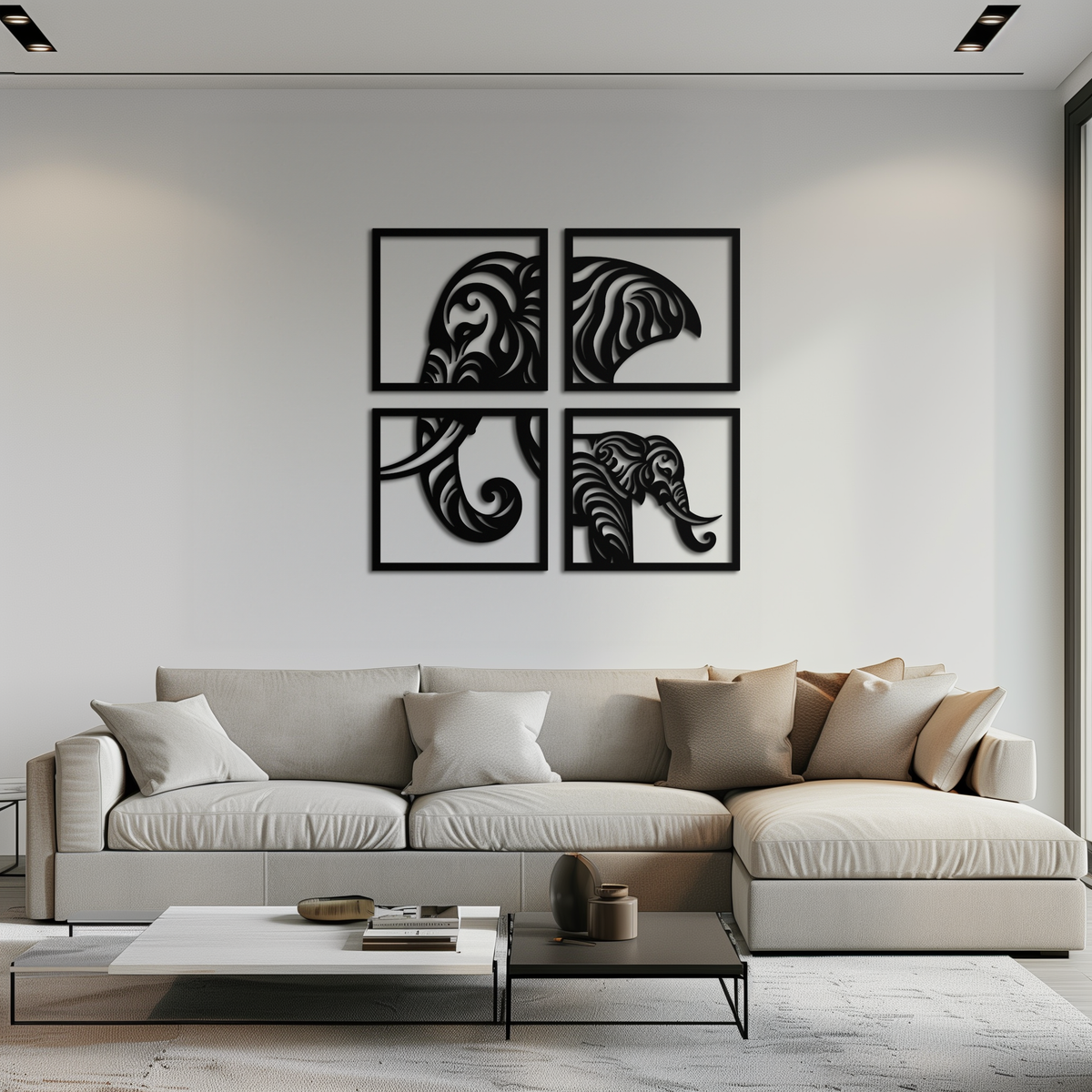 Metal Wall Art Elephant Silhouette 4-Piece Tribal Matte Black
