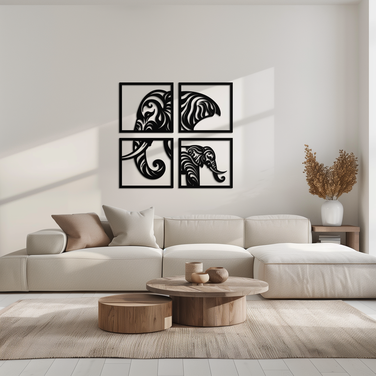 Metal Wall Art Elephant Silhouette 4-Piece Tribal Matte Black