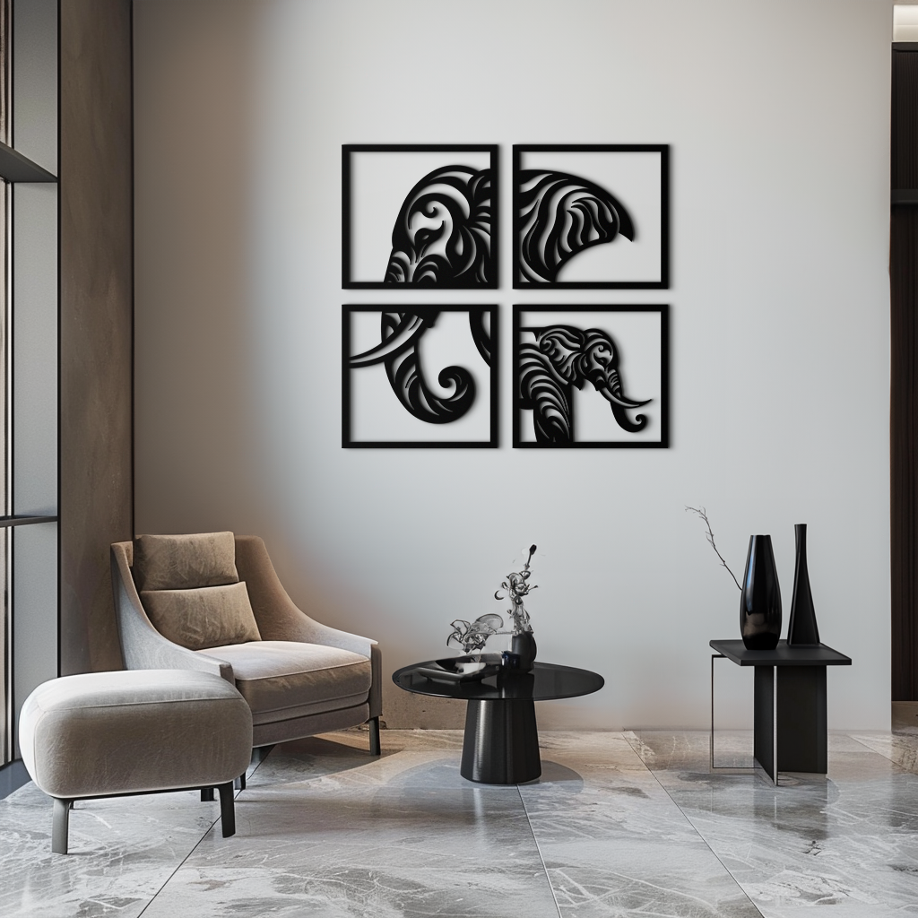 Metal Wall Art Elephant Silhouette 4-Piece Tribal Matte Black