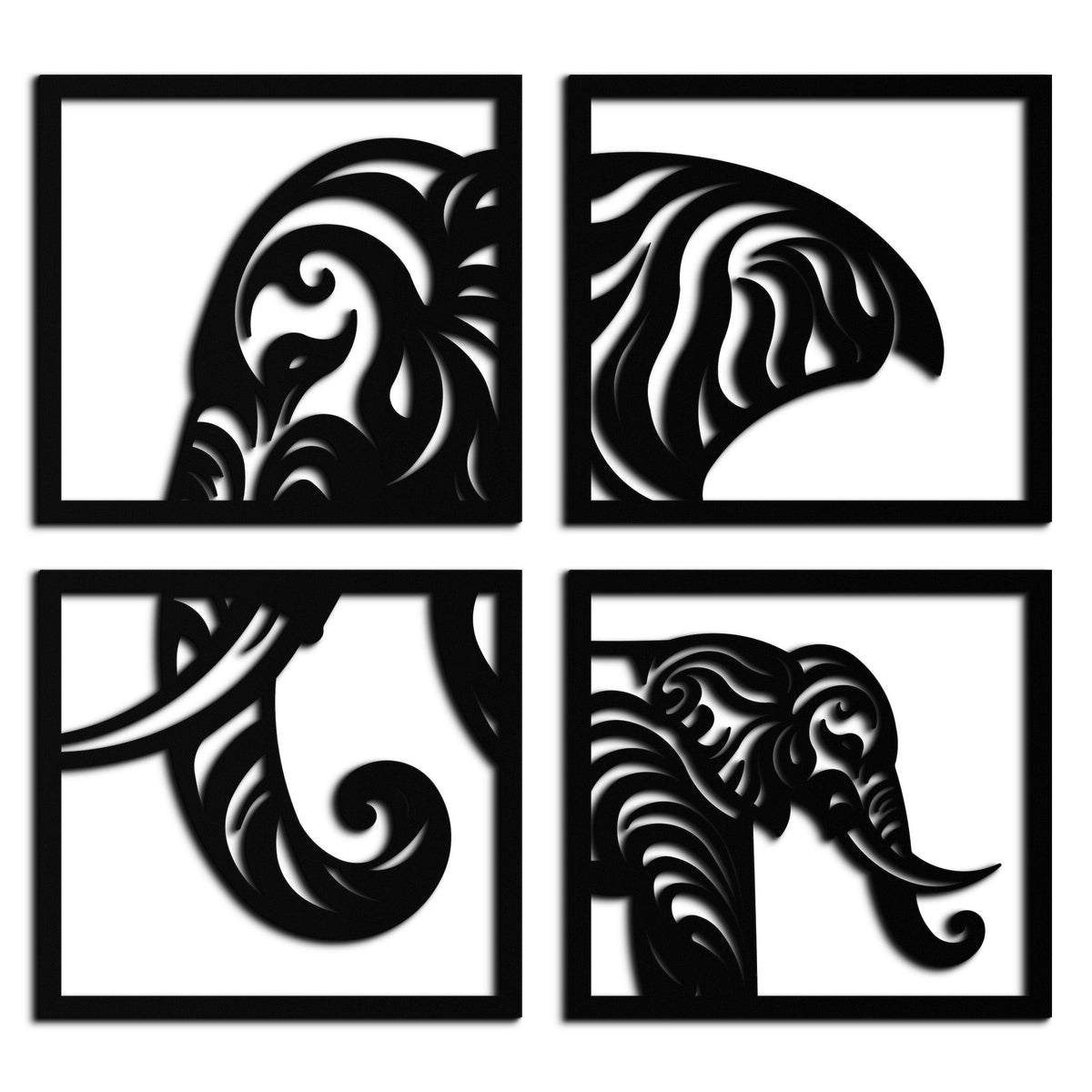 Metal Wall Art Elephant Silhouette 4-Piece Tribal Matte Black