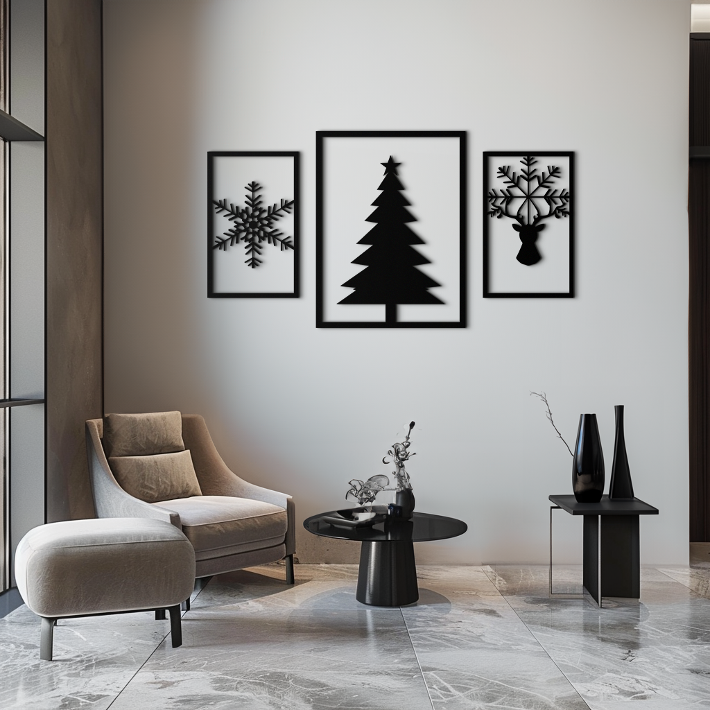 Metal Christmas Tree Reindeer Wall Art - 3 Piece Holiday Set