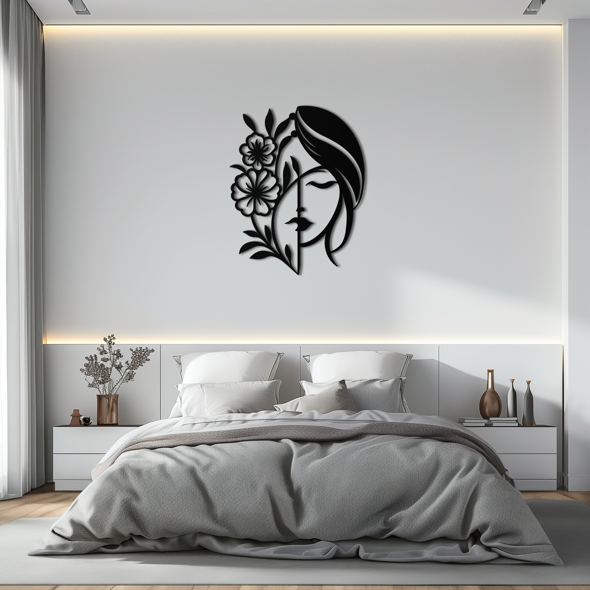 Metal Wall Art Woman Silhouette With Flower Elegant Modern Minimalist Steel Decor
