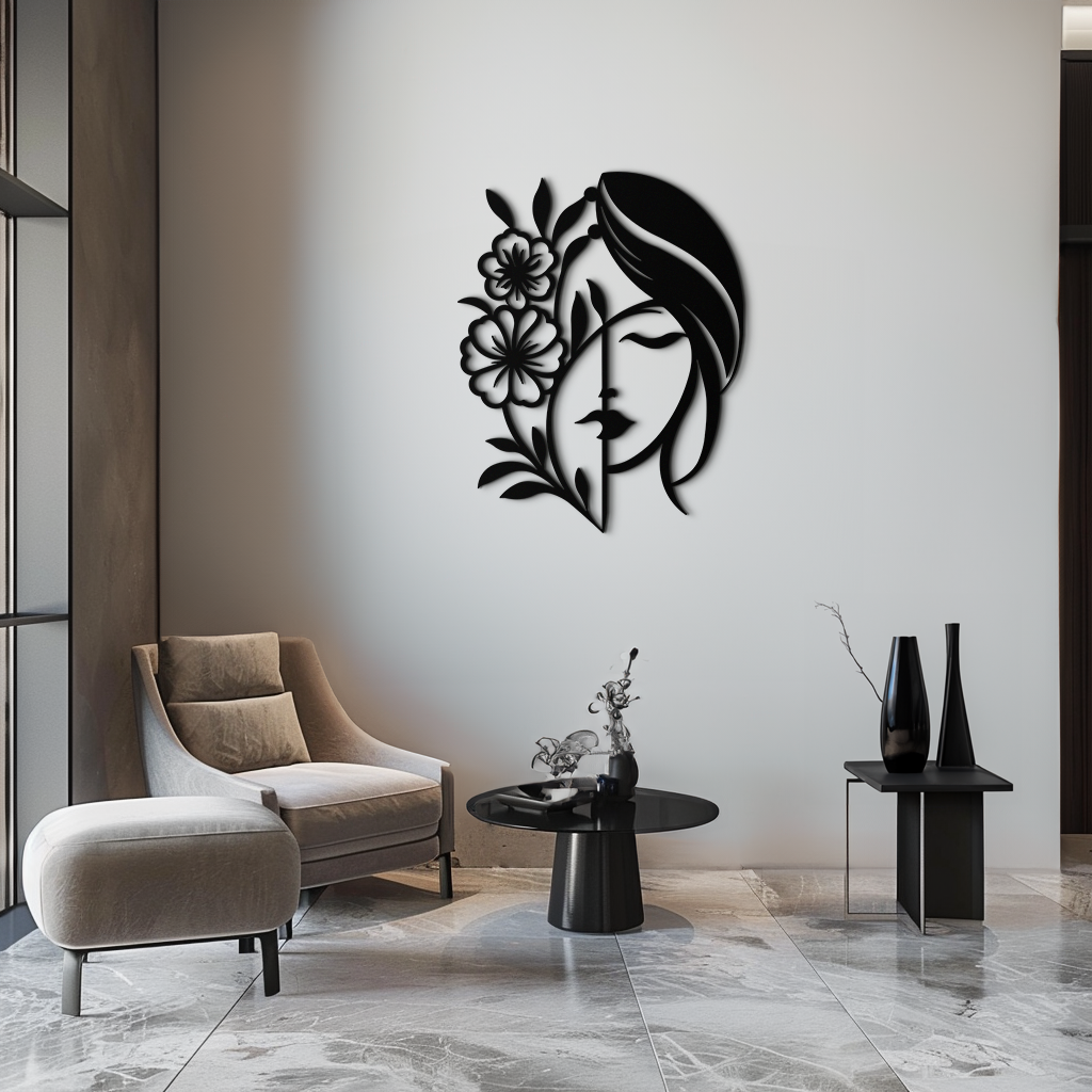 Metal Wall Art Woman Silhouette With Flower Elegant Modern Minimalist Steel Decor