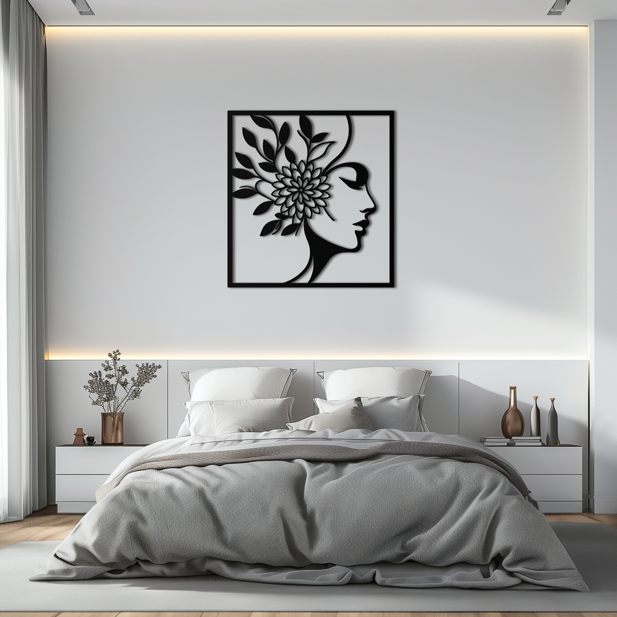 Metal Wall Art Woman with Flower Modern Silhouette Steel Decor