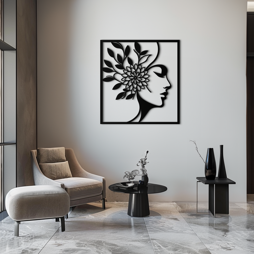 Metal Wall Art Woman with Flower Modern Silhouette Steel Decor