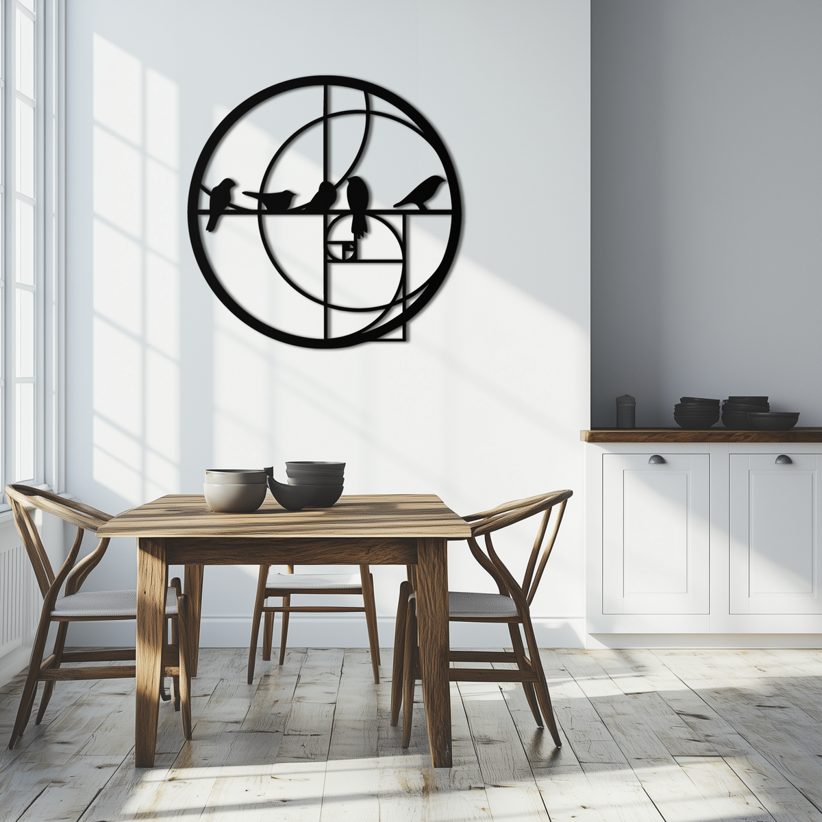 Metal Wall Art Black Steel Birds - Fibonacci Spiral Geometric Design