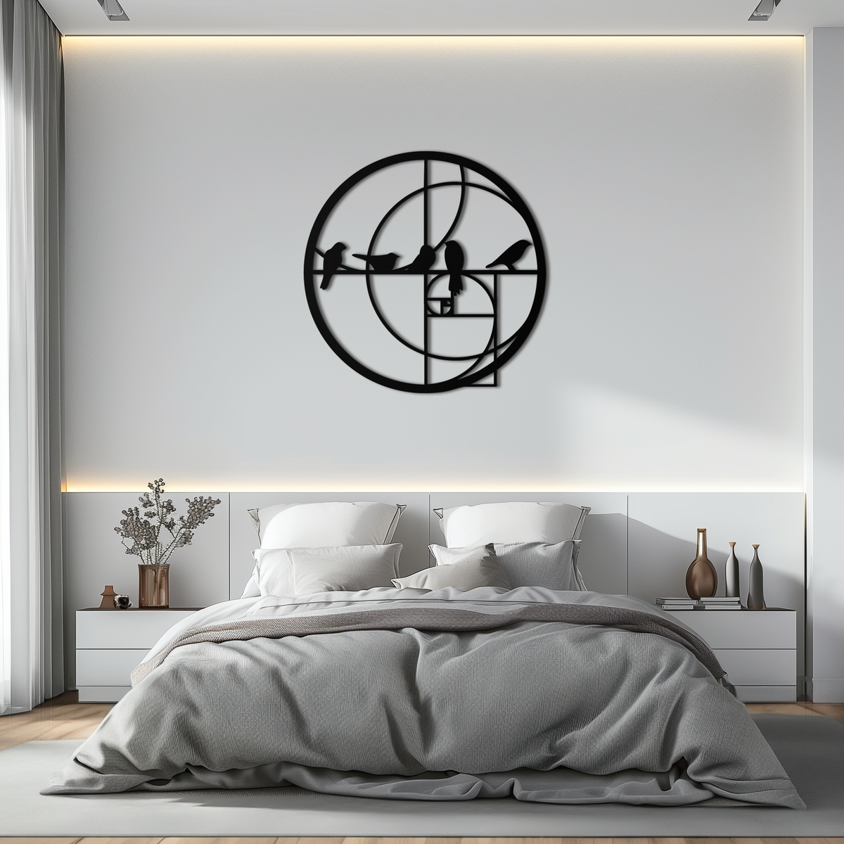 Metal Wall Art Black Steel Birds - Fibonacci Spiral Geometric Design