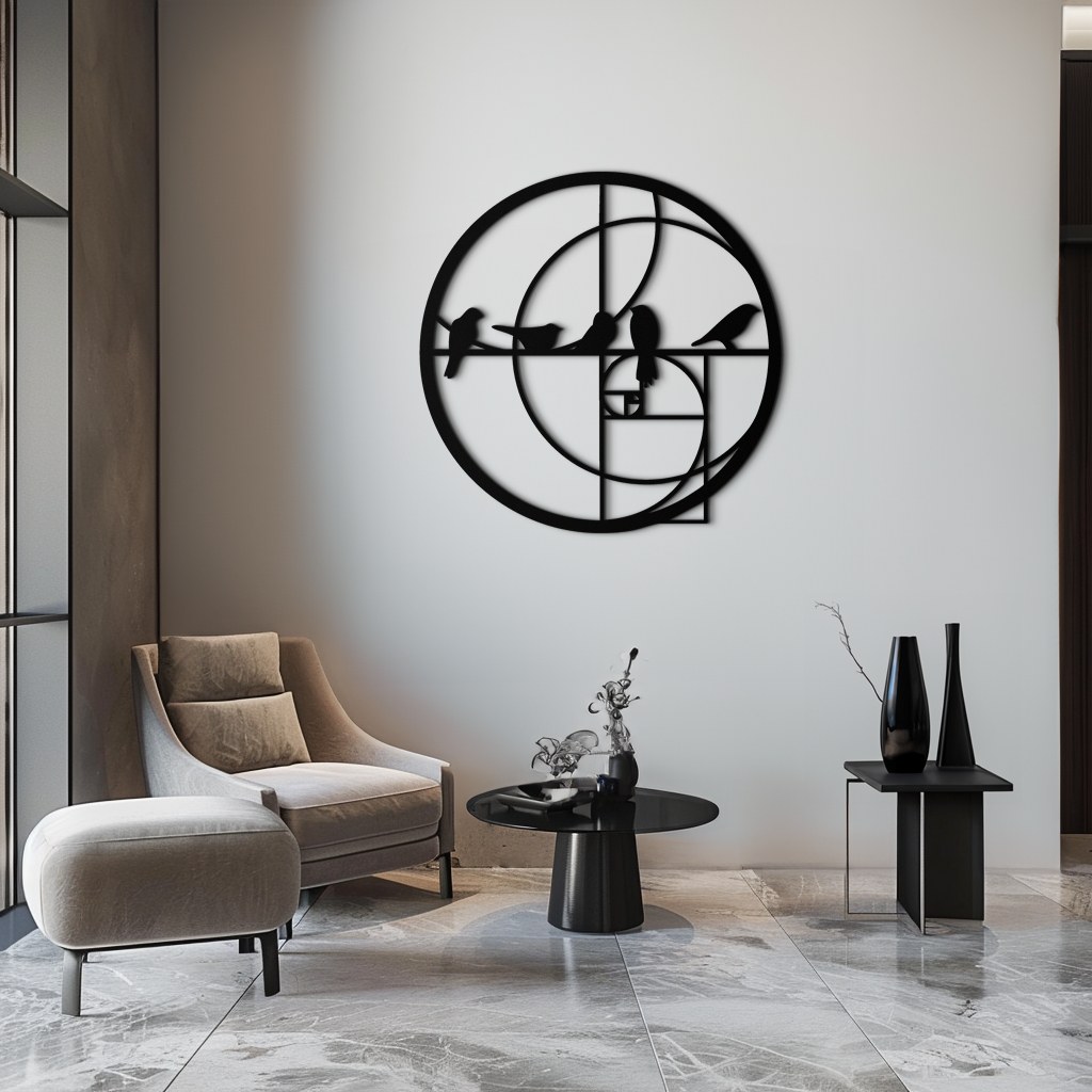 Metal Wall Art Black Steel Birds - Fibonacci Spiral Geometric Design
