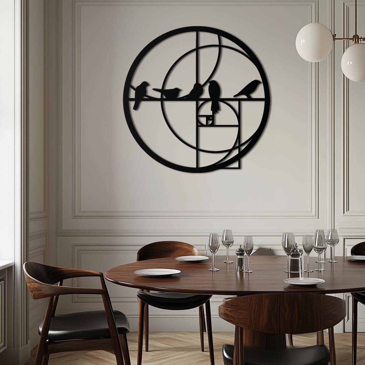 Metal Wall Art Black Steel Birds - Fibonacci Spiral Geometric Design