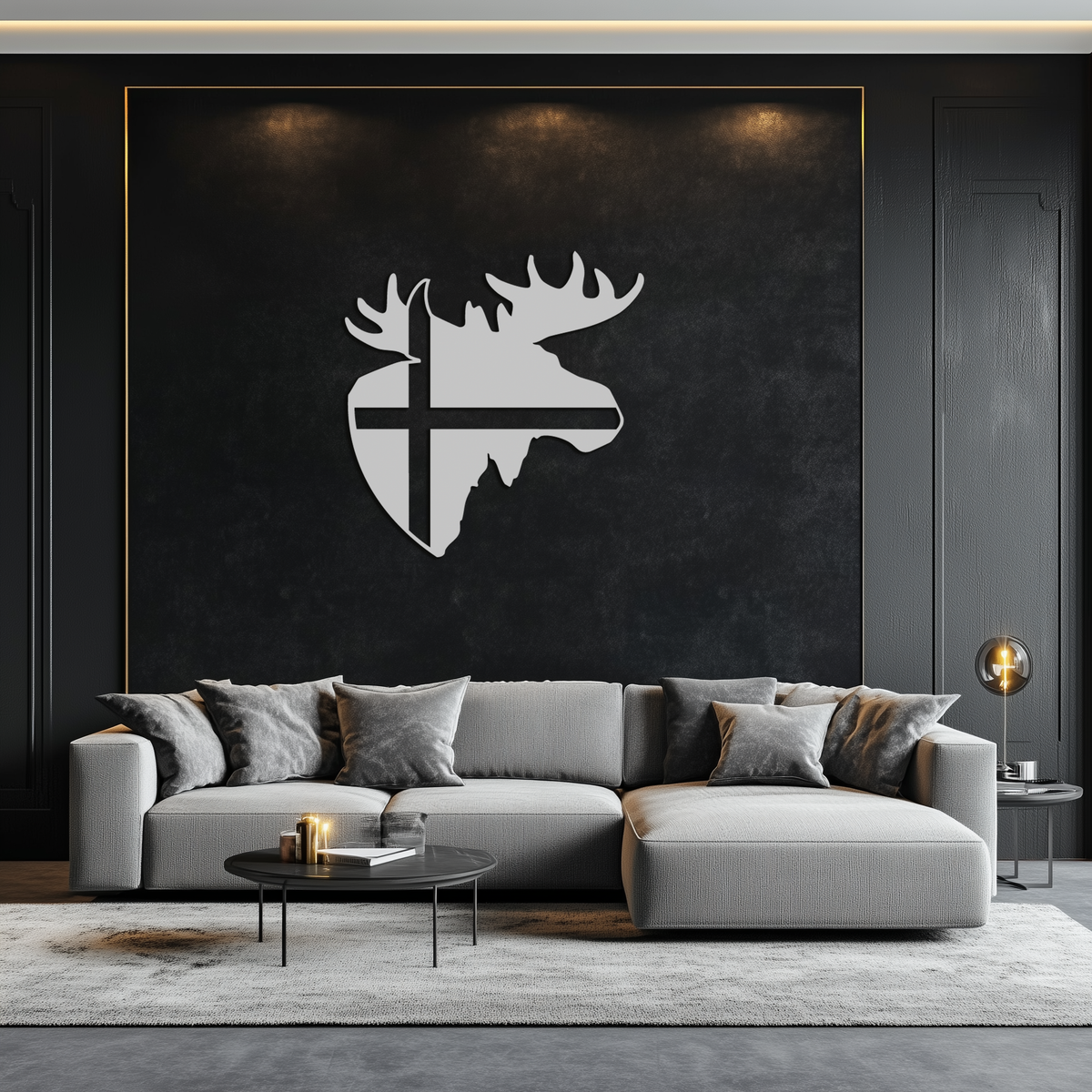 Matte Black Metal Moose Silhouette Wall Art with Nordic Scandinavian Cross Design