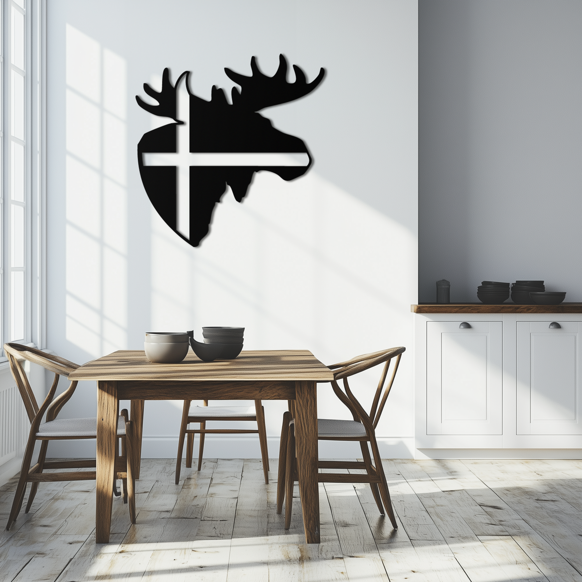 Matte Black Metal Moose Silhouette Wall Art with Nordic Scandinavian Cross Design