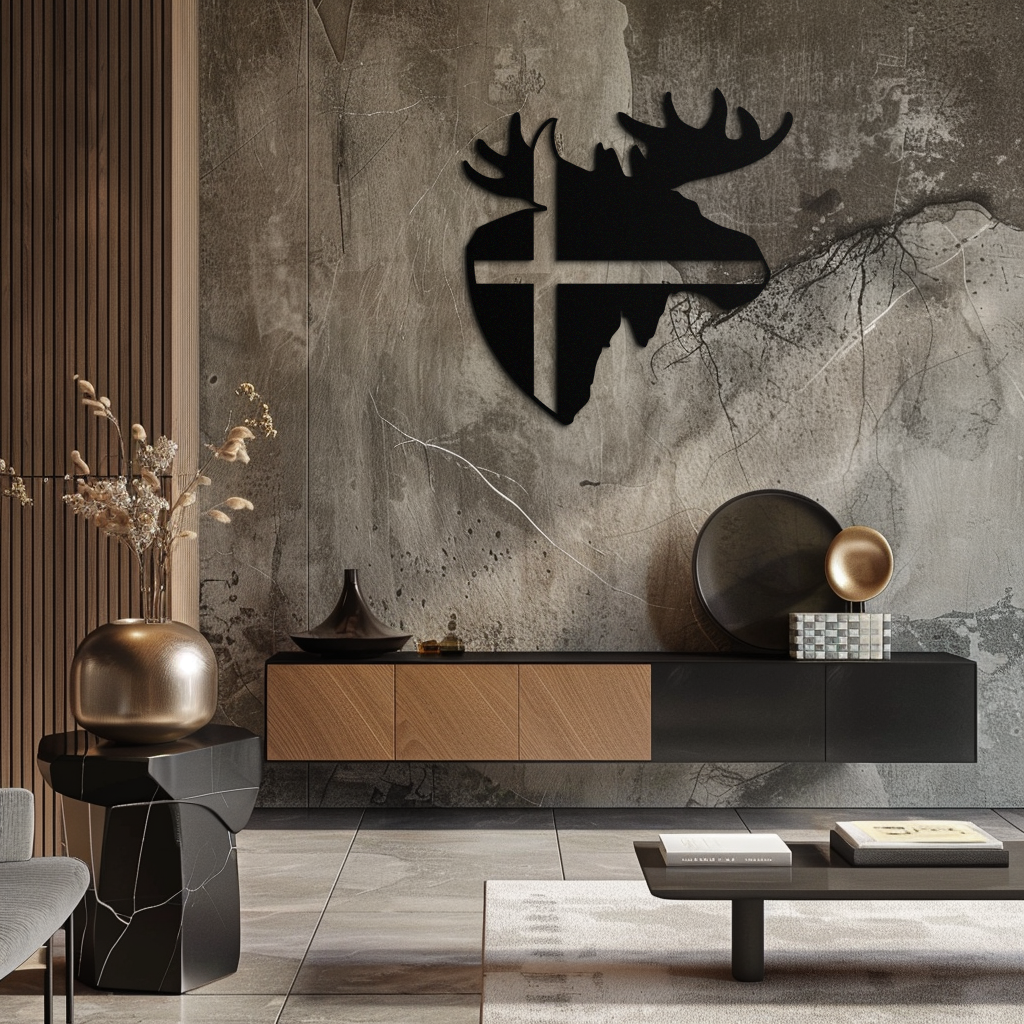 Matte Black Metal Moose Silhouette Wall Art with Nordic Scandinavian Cross Design