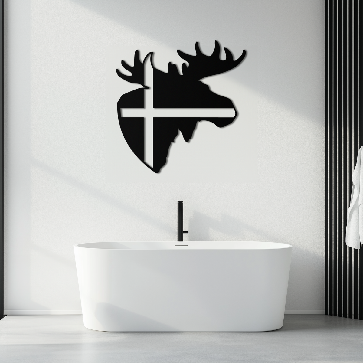 Matte Black Metal Moose Silhouette Wall Art with Nordic Scandinavian Cross Design