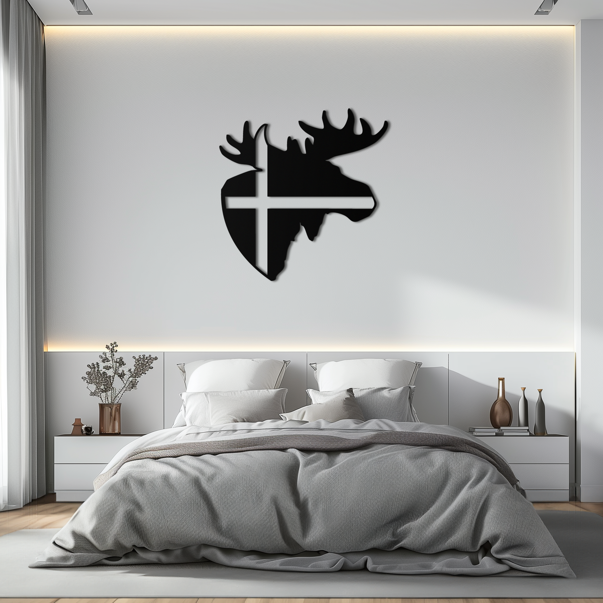 Matte Black Metal Moose Silhouette Wall Art with Nordic Scandinavian Cross Design