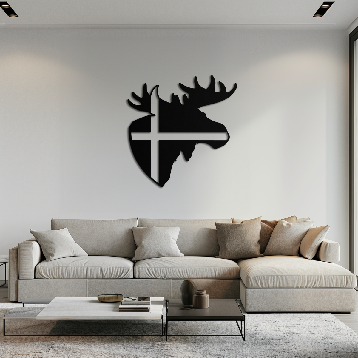 Matte Black Metal Moose Silhouette Wall Art with Nordic Scandinavian Cross Design