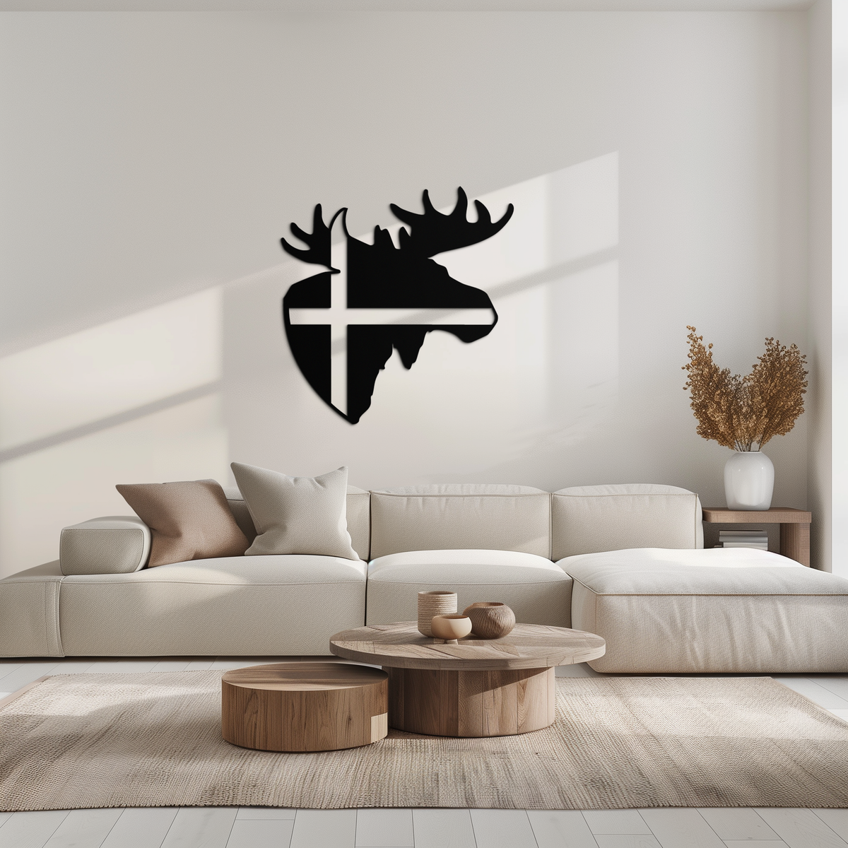 Matte Black Metal Moose Silhouette Wall Art with Nordic Scandinavian Cross Design
