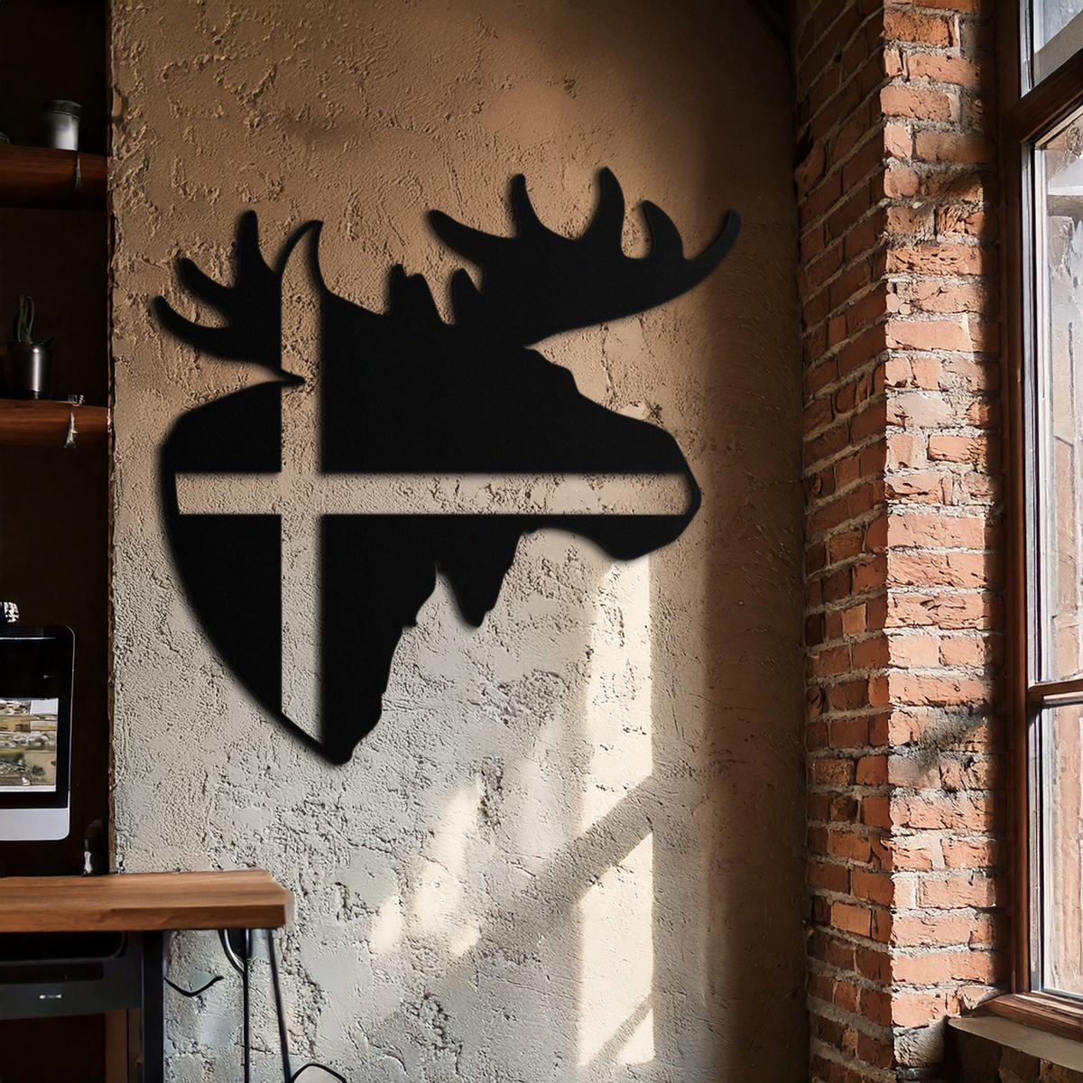 Matte Black Metal Moose Silhouette Wall Art with Nordic Scandinavian Cross Design
