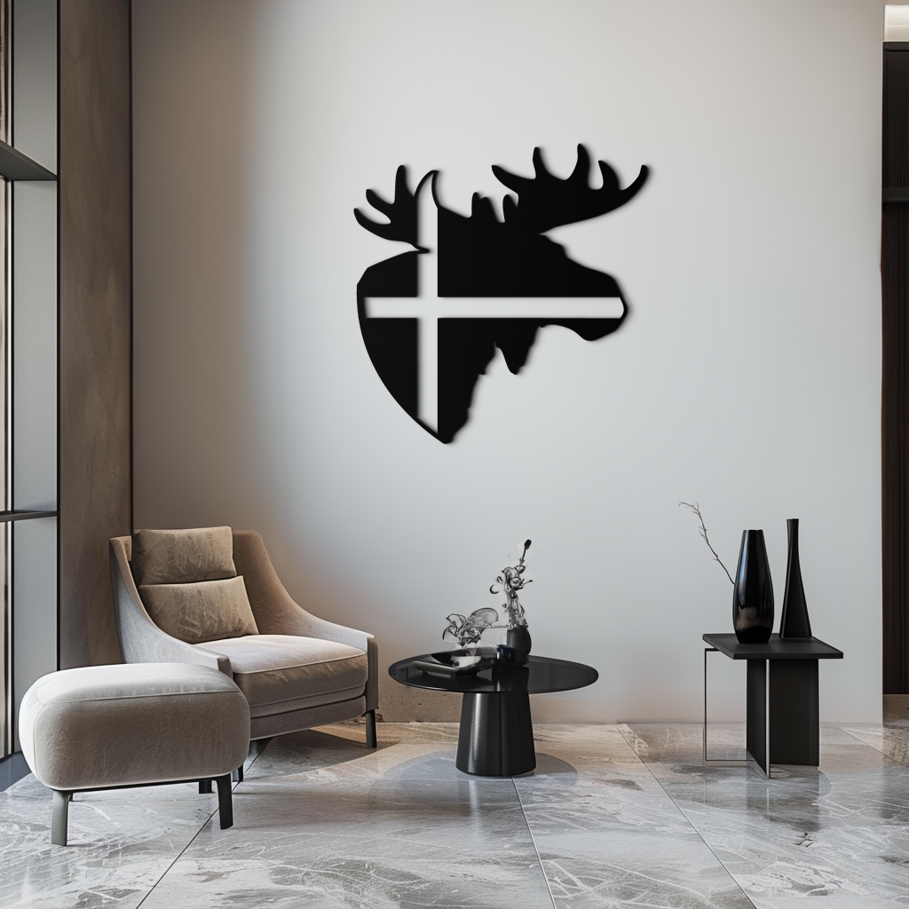 Matte Black Metal Moose Silhouette Wall Art with Nordic Scandinavian Cross Design