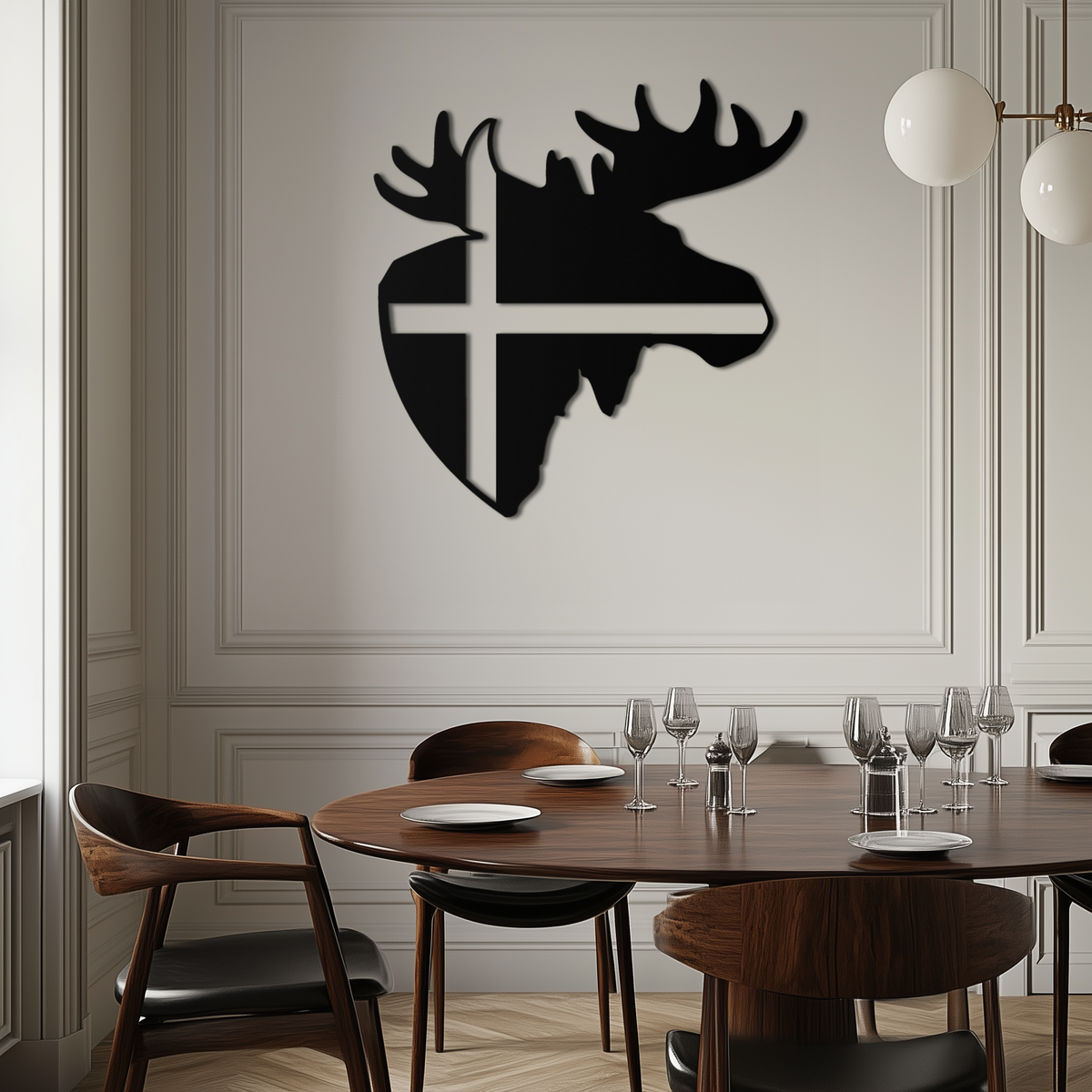 Matte Black Metal Moose Silhouette Wall Art with Nordic Scandinavian Cross Design