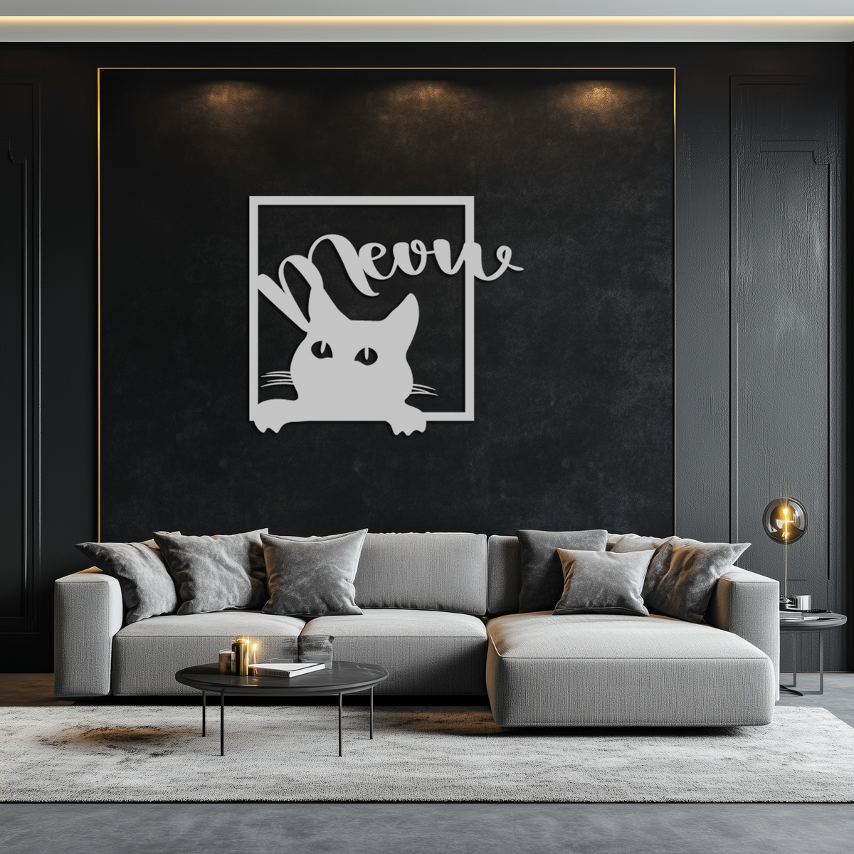 Black Metal Peeking Cat Wall Art With Meow Script Silhouette Frame Home Decor