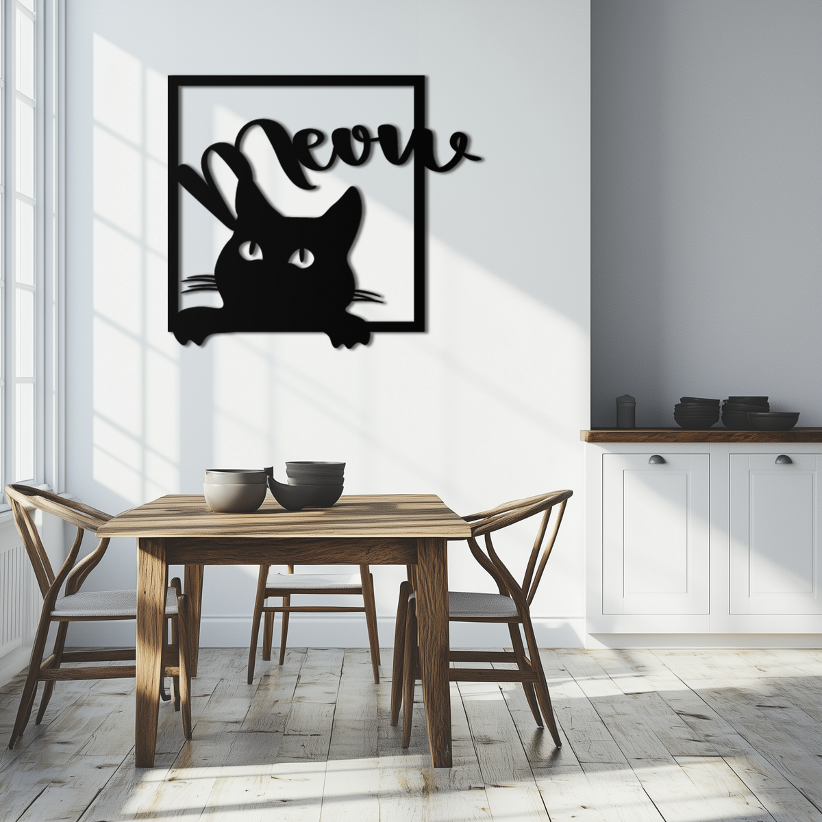 Black Metal Peeking Cat Wall Art With Meow Script Silhouette Frame Home Decor
