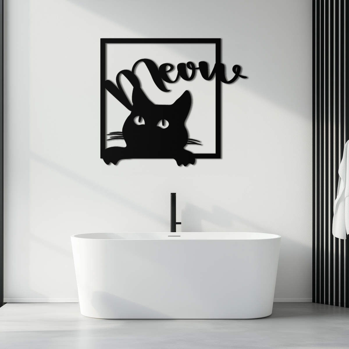 Black Metal Peeking Cat Wall Art With Meow Script Silhouette Frame Home Decor
