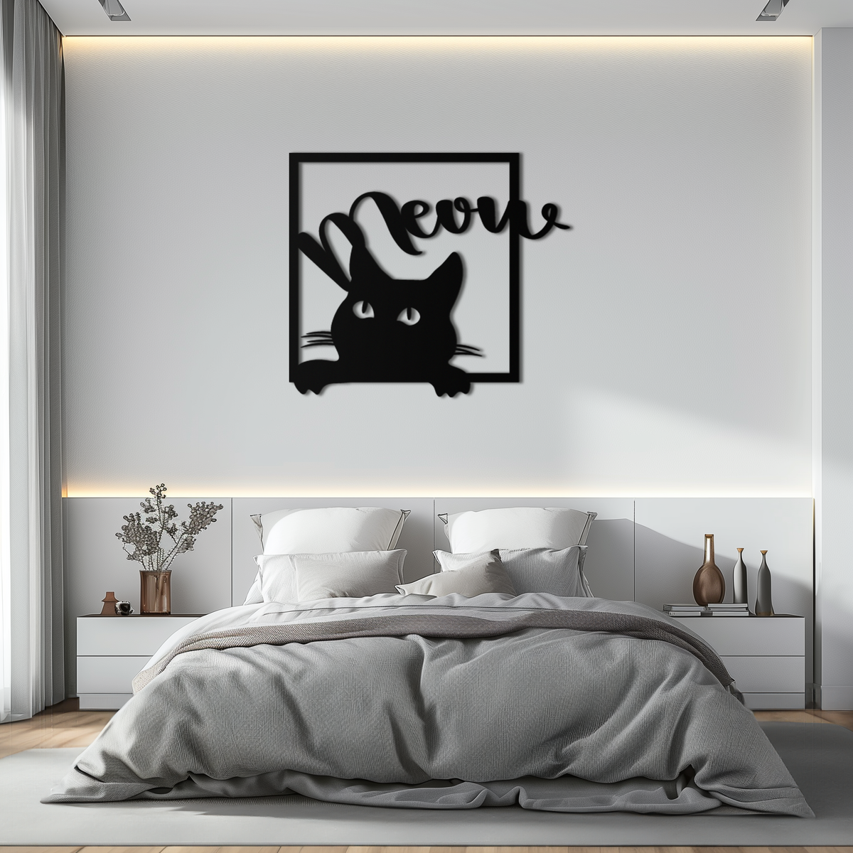 Black Metal Peeking Cat Wall Art With Meow Script Silhouette Frame Home Decor