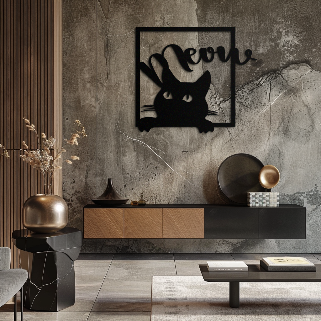 Black Metal Peeking Cat Wall Art With Meow Script Silhouette Frame Home Decor