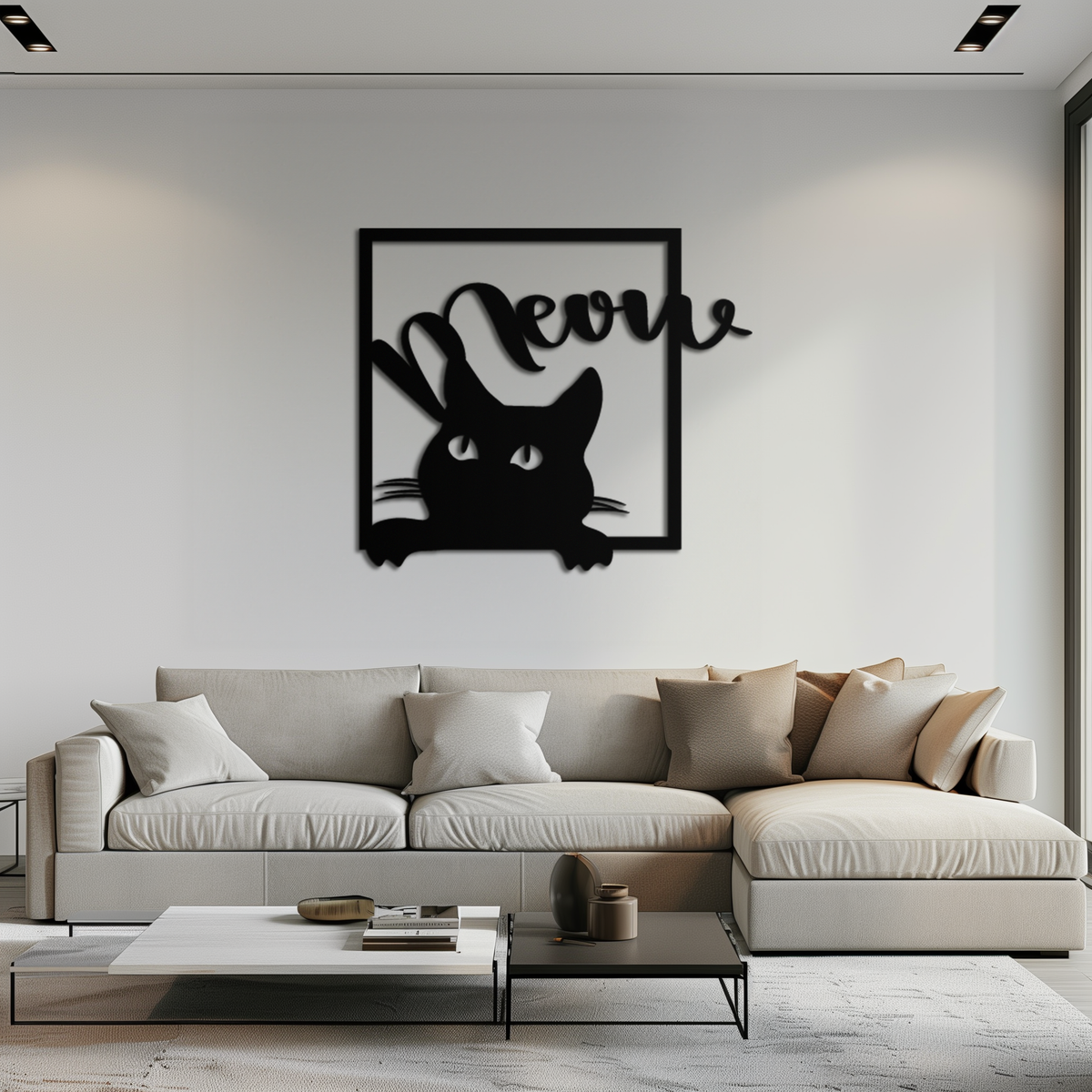 Black Metal Peeking Cat Wall Art With Meow Script Silhouette Frame Home Decor