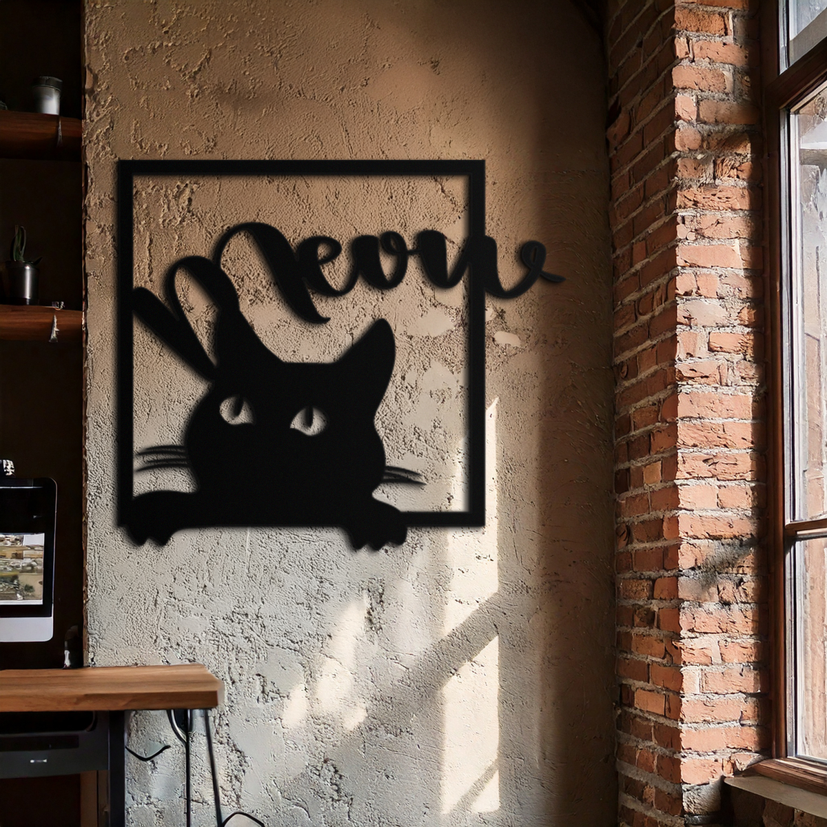 Black Metal Peeking Cat Wall Art With Meow Script Silhouette Frame Home Decor