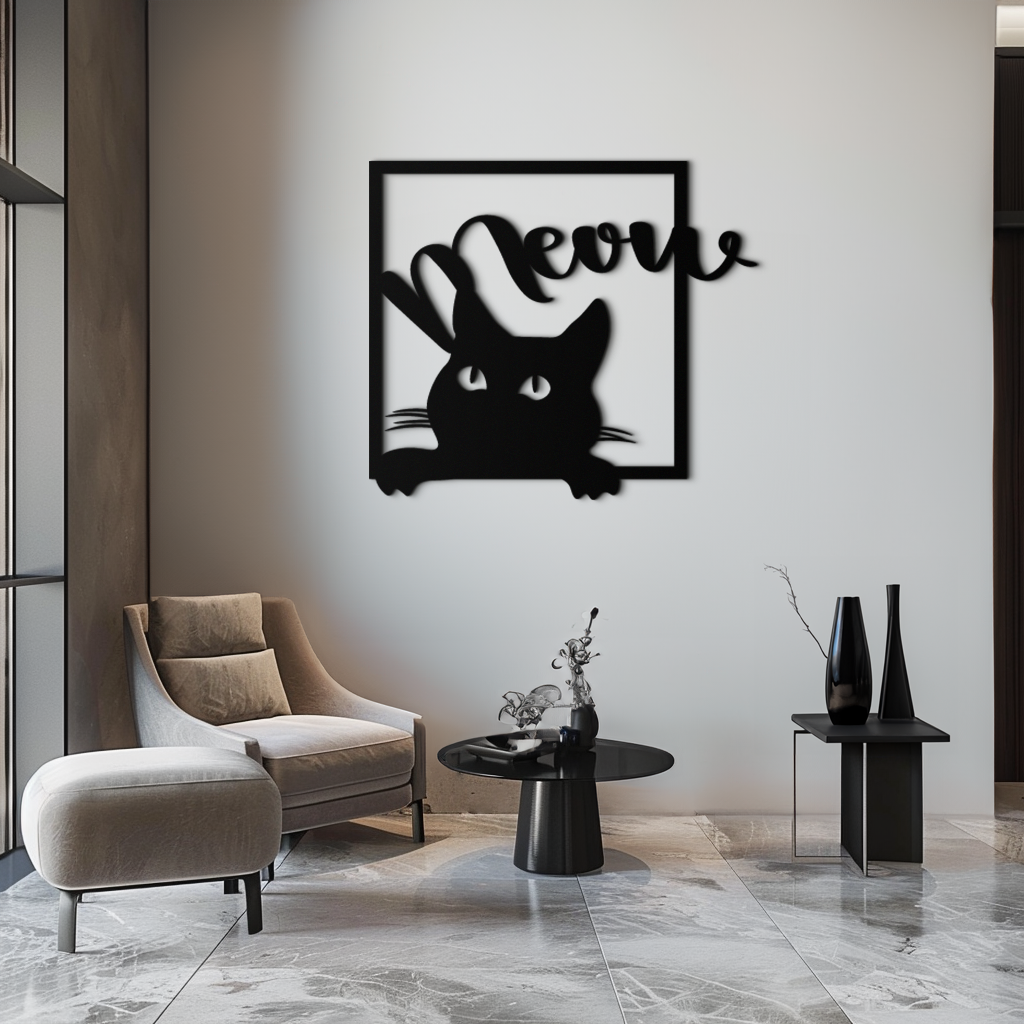 Black Metal Peeking Cat Wall Art With Meow Script Silhouette Frame Home Decor