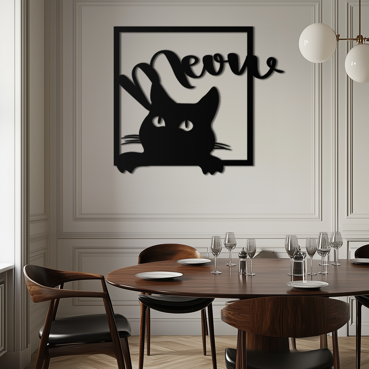 Black Metal Peeking Cat Wall Art With Meow Script Silhouette Frame Home Decor