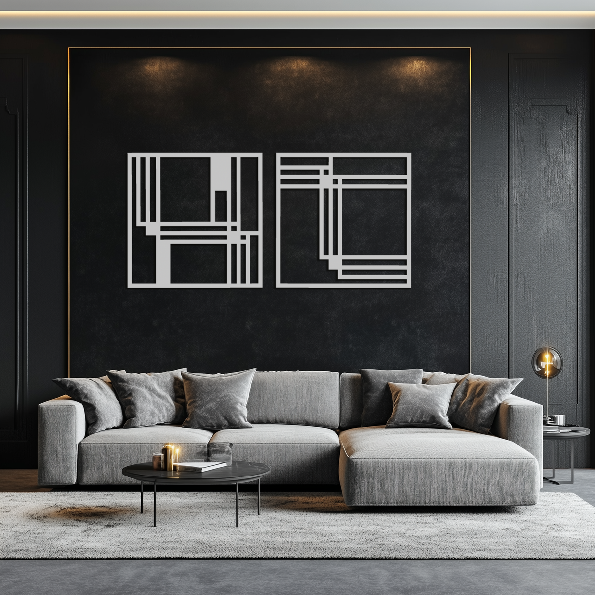 Modern Abstract Geometric Metal Wall Art Set - Matte Black Steel 2 Panel Minimalist