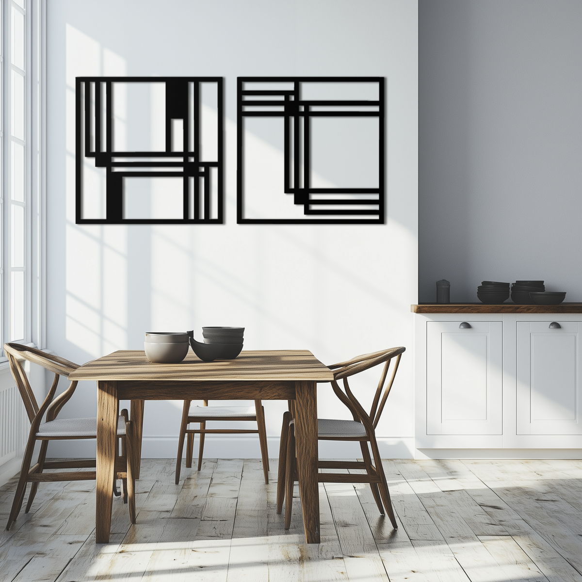 Modern Abstract Geometric Metal Wall Art Set - Matte Black Steel 2 Panel Minimalist