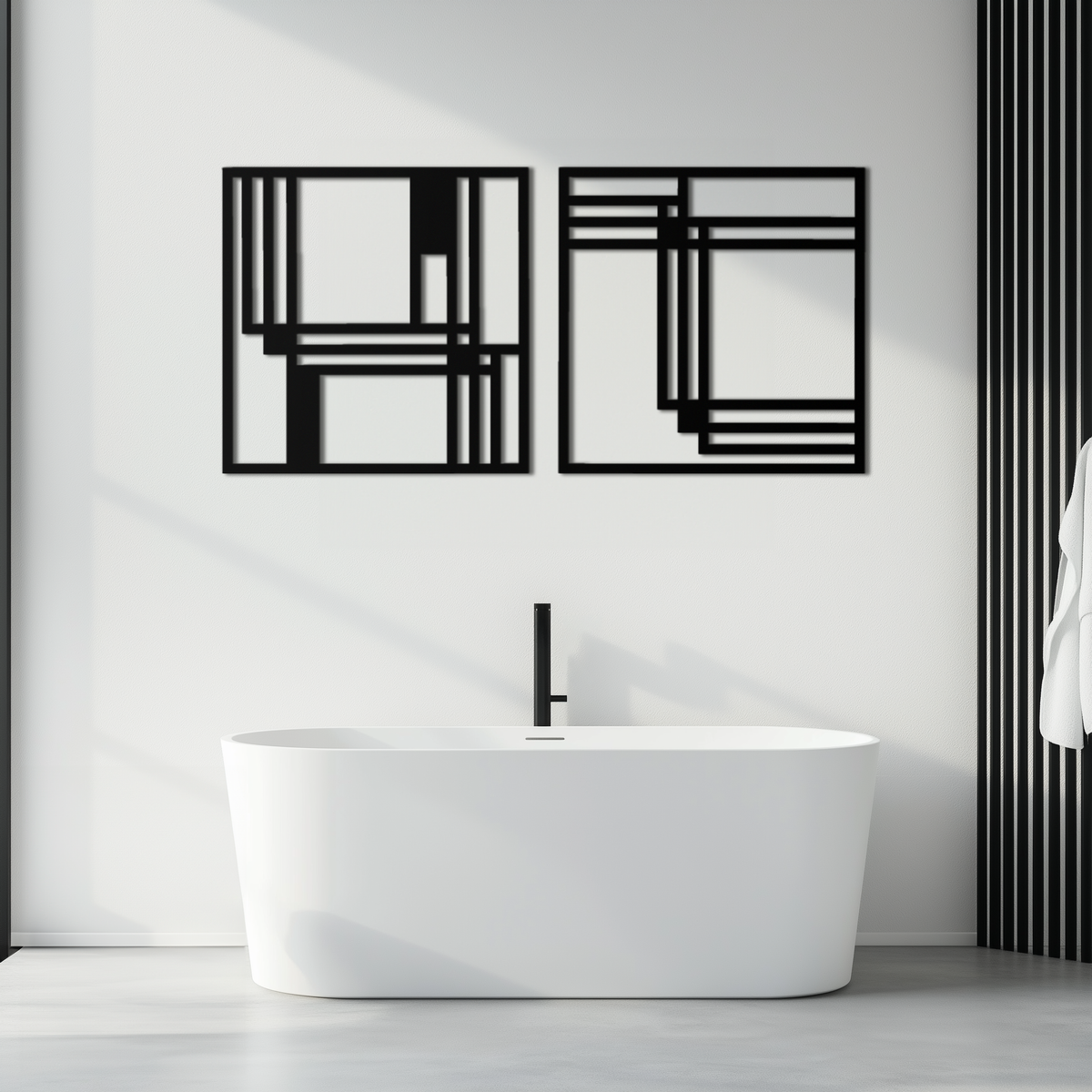 Modern Abstract Geometric Metal Wall Art Set - Matte Black Steel 2 Panel Minimalist