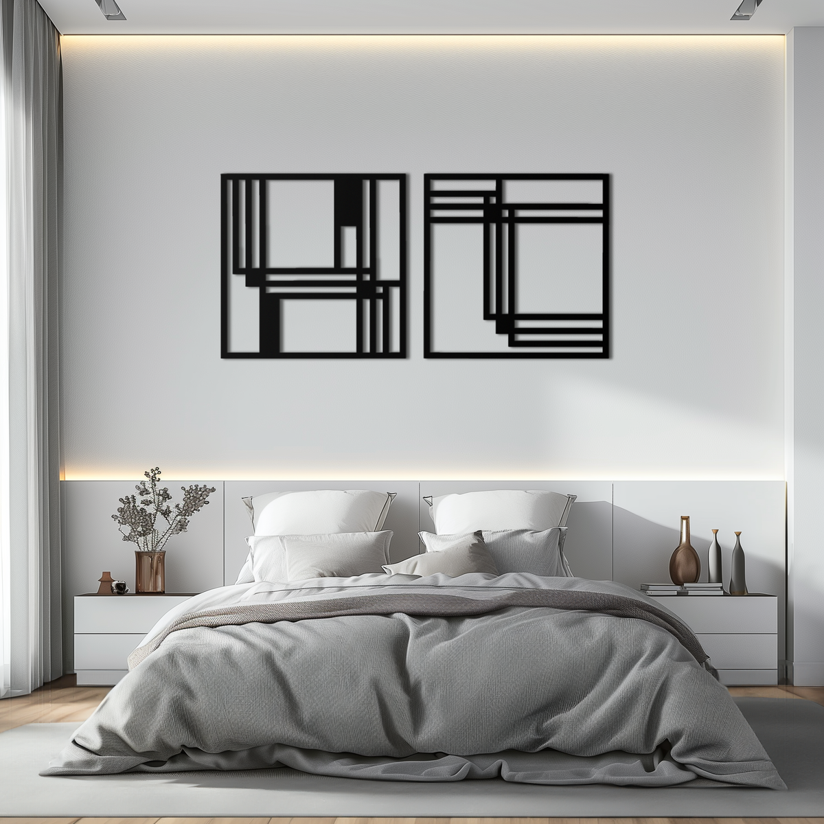 Modern Abstract Geometric Metal Wall Art Set - Matte Black Steel 2 Panel Minimalist