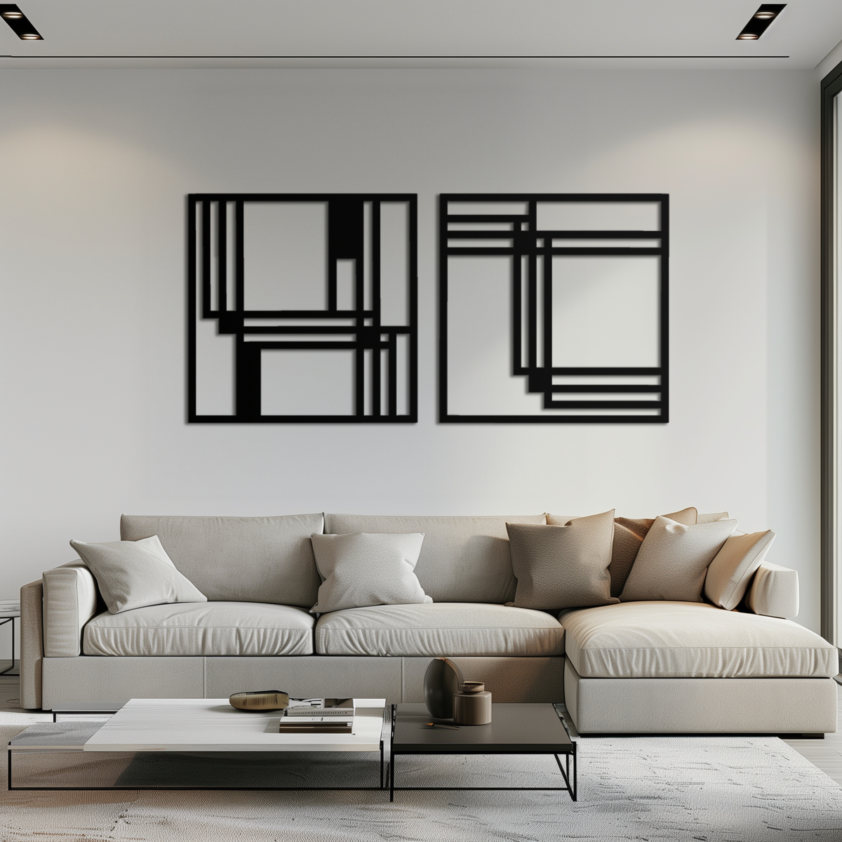 Modern Abstract Geometric Metal Wall Art Set - Matte Black Steel 2 Panel Minimalist