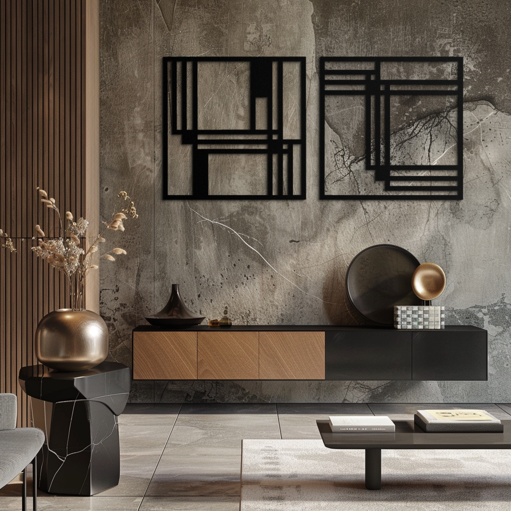 Modern Abstract Geometric Metal Wall Art Set - Matte Black Steel 2 Panel Minimalist