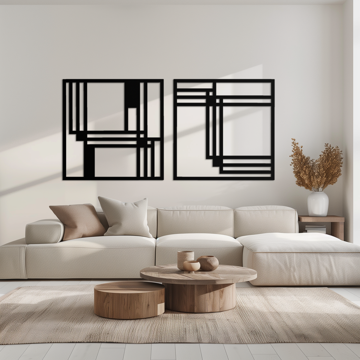 Modern Abstract Geometric Metal Wall Art Set - Matte Black Steel 2 Panel Minimalist
