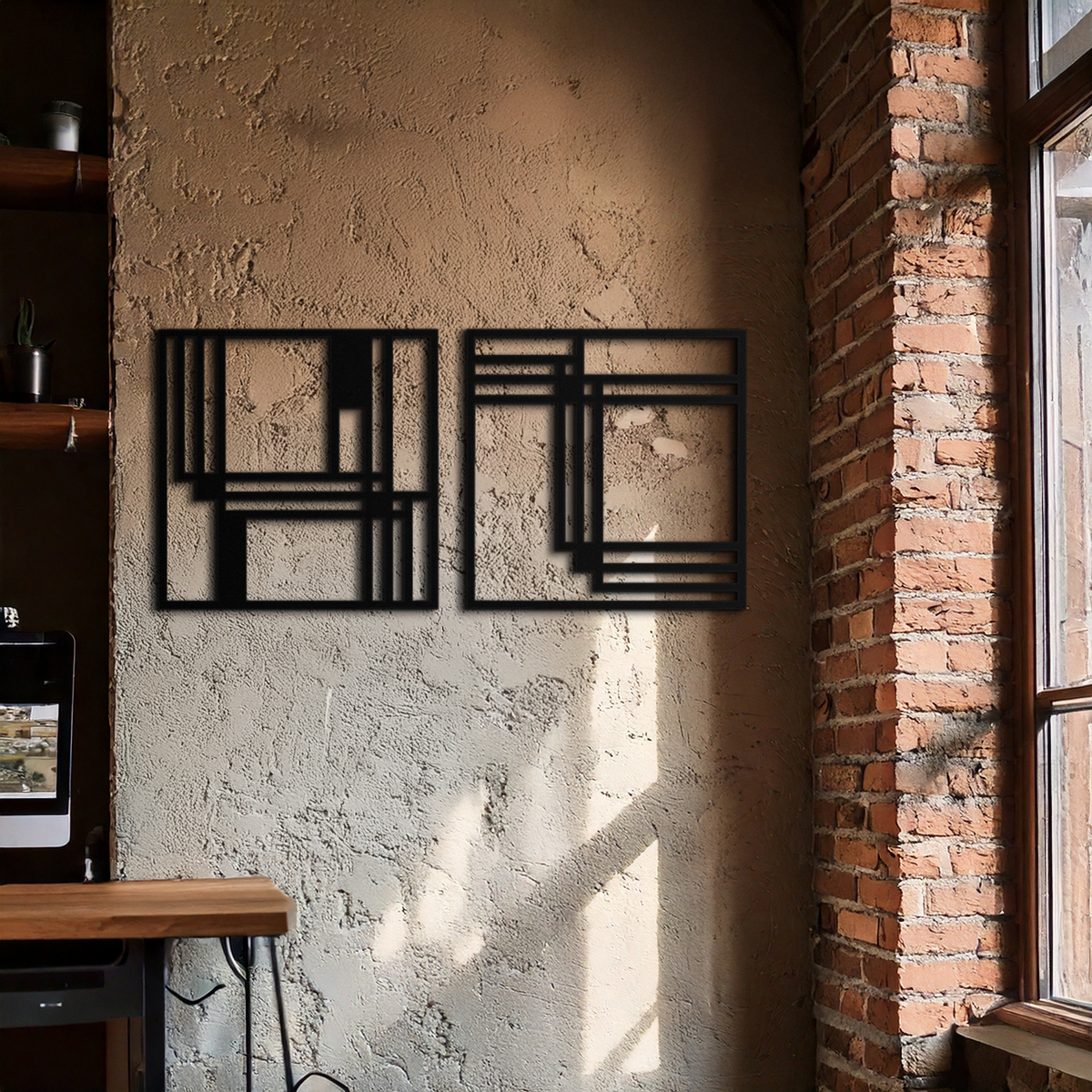 Modern Abstract Geometric Metal Wall Art Set - Matte Black Steel 2 Panel Minimalist