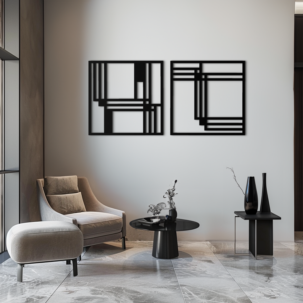 Modern Abstract Geometric Metal Wall Art Set - Matte Black Steel 2 Panel Minimalist