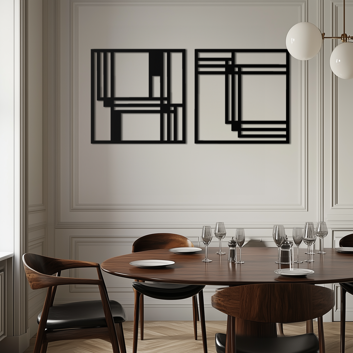 Modern Abstract Geometric Metal Wall Art Set - Matte Black Steel 2 Panel Minimalist