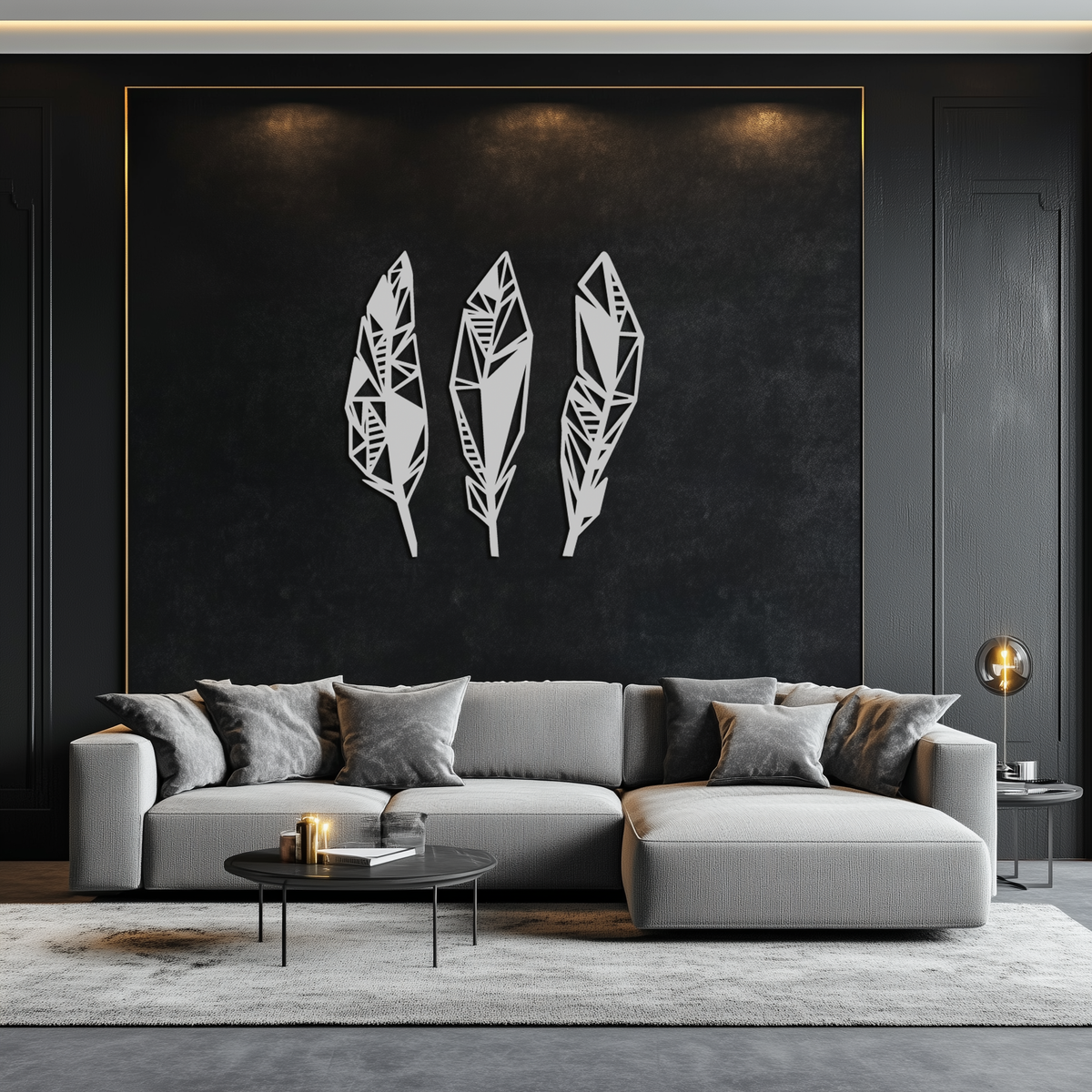 Geometric Feather Trio Metal Wall Art - Abstract Minimalist Black Steel Handcrafted